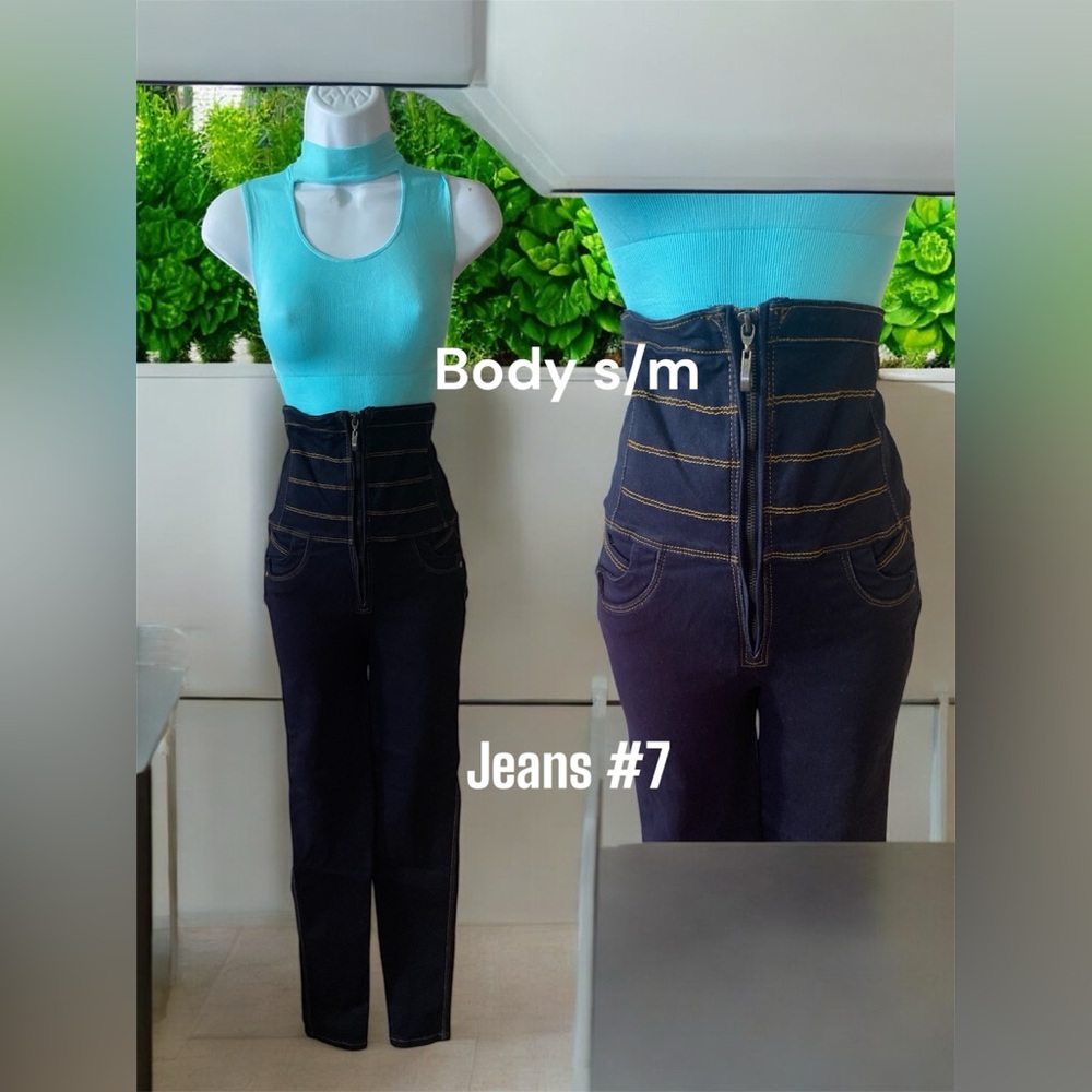 Blue Sleeveless Top and Black High-Waisted Jeans